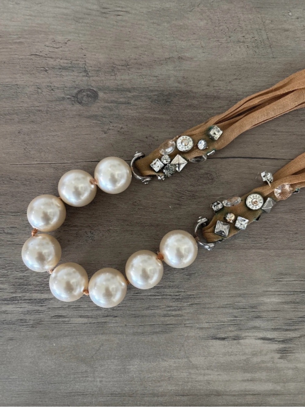 Henri Bendel Faux Pearl Statement Necklace with Tan Ribbon and Crystal Accents